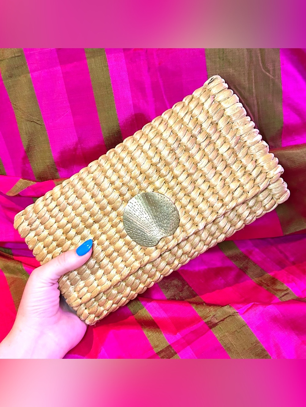 MonPanama Hand Woven Straw Envelope Clutch w/ Gold Metal Shell Embellishment
